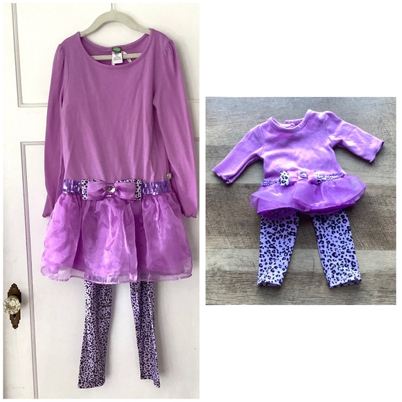 Dolly & Me Girl And 18” Doll Matching Outfits Set Size 10 Purple Tunic Leggings - Picture 1 of 15